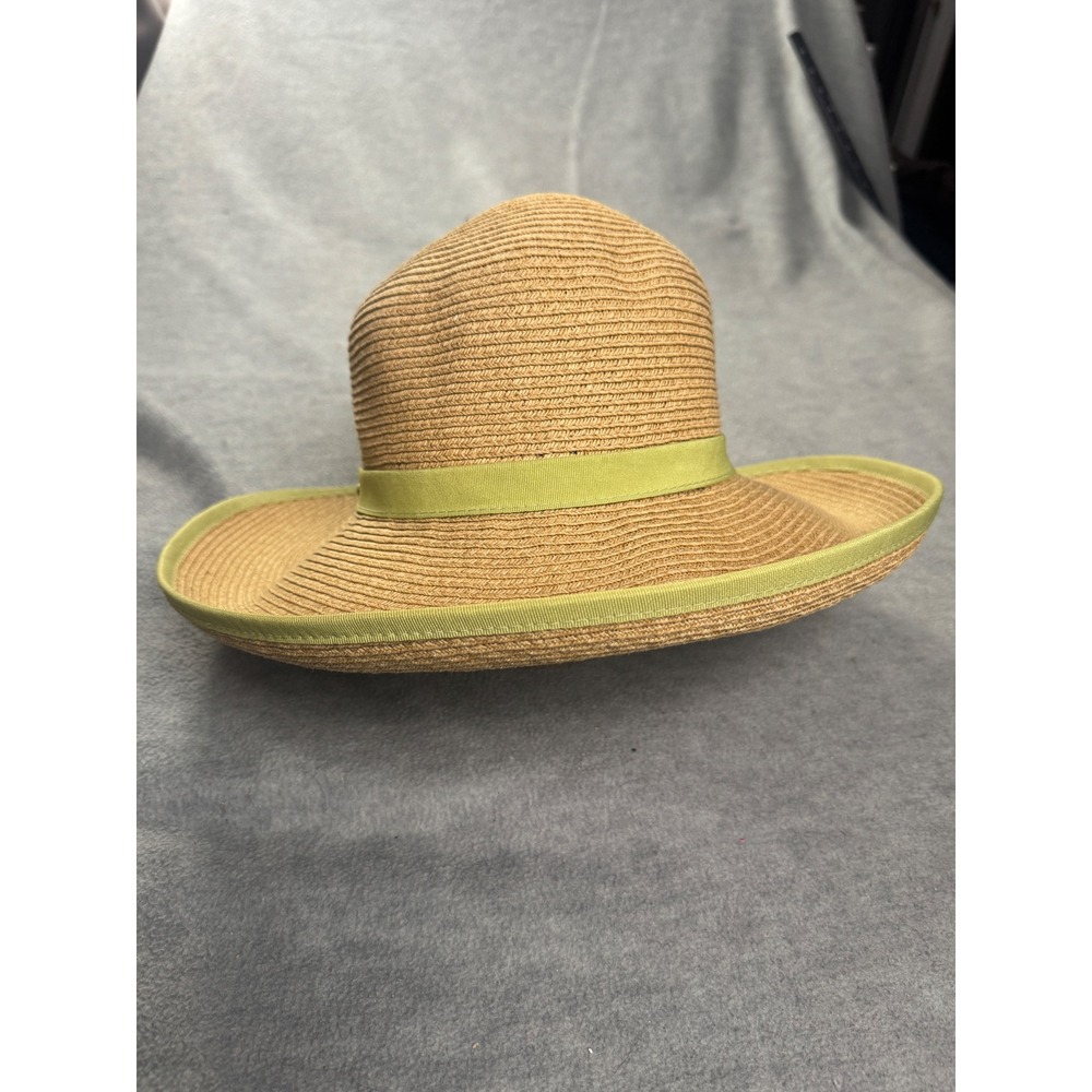 Cappelli Straworld Tan Woven Sun Hat Lime Green Ribbon Trim One Size